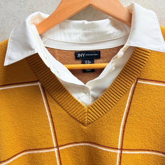 Jones New York M Women Mustard Yellow Plaid V Neck Preppy Office Layered Sweater - Picture 5 of 8